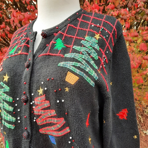 Vintage Ugly Christmas Sweater Tartan Plaid Trees Button Down Cardigan Holiday - Picture 8 of 13